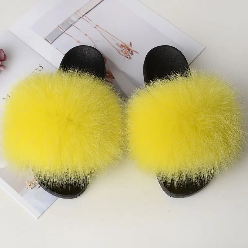 yellow VOTODA/тапочки с натуральным лисьим мехом; женские шлепанцы из пушистого меха енота; сандалии на плоской подошве с лисьим мехом; женские зимние теплые шлепанцы; модная плюшевая обувь - Цвет: yellow