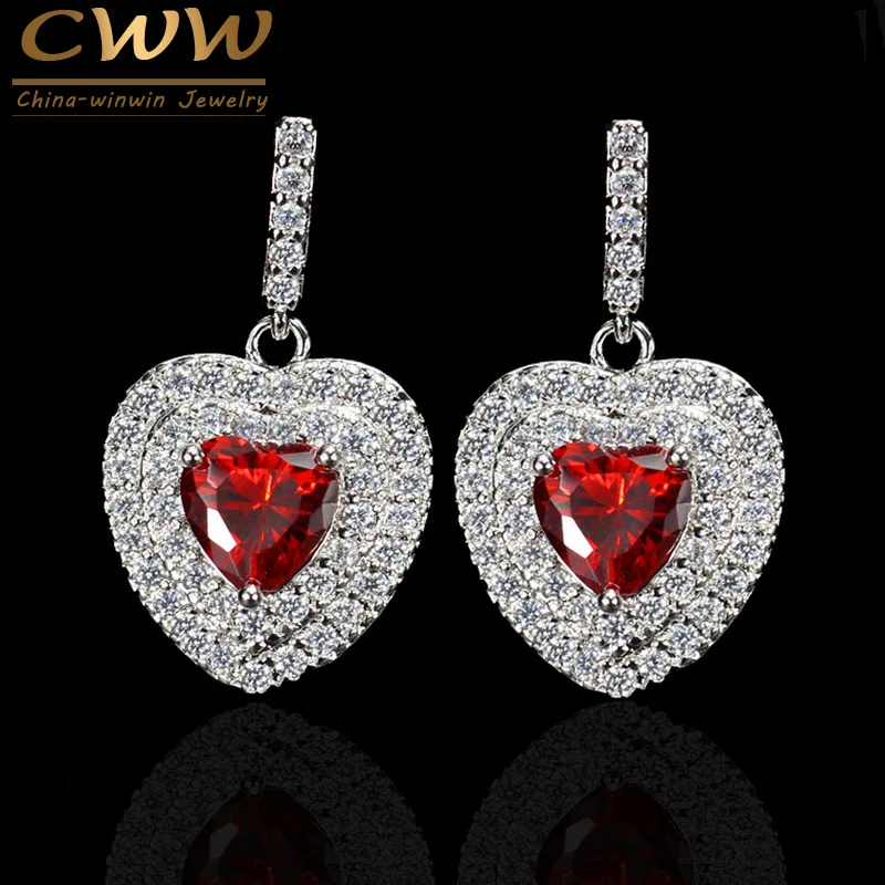 red CWWZircons Мода микро проложили кубического циркония камни мотаться падение романтической любви серьги модные изделия стерлингового серебра 925 CZ385 - Окраска металла: red