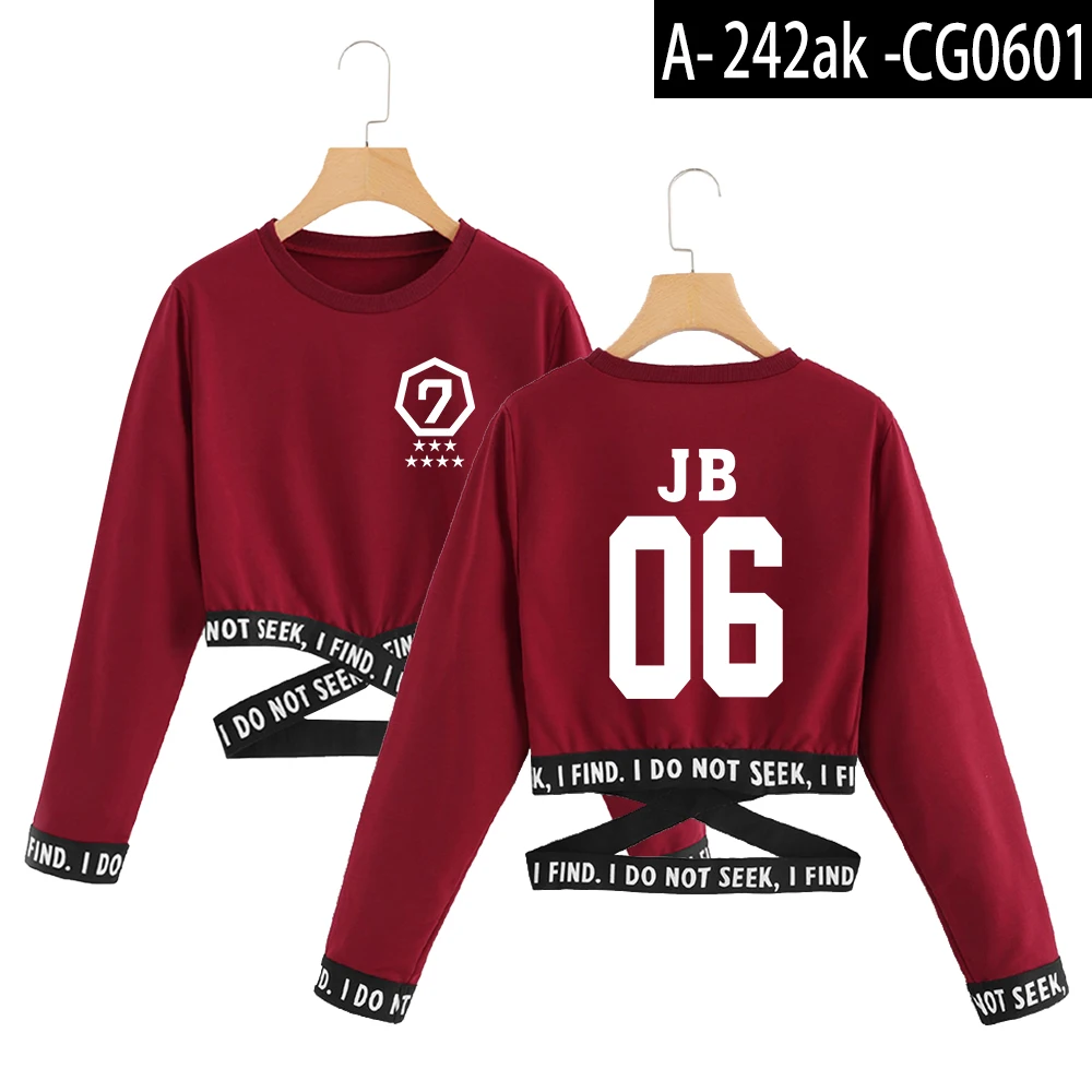 Got7 модные укороченные толстовки с круглым вырезом для женщин Kpop Толстовка с длинным рукавом горячая распродажа Повседневная Уличная Сексуальная одежда - Цвет: Red