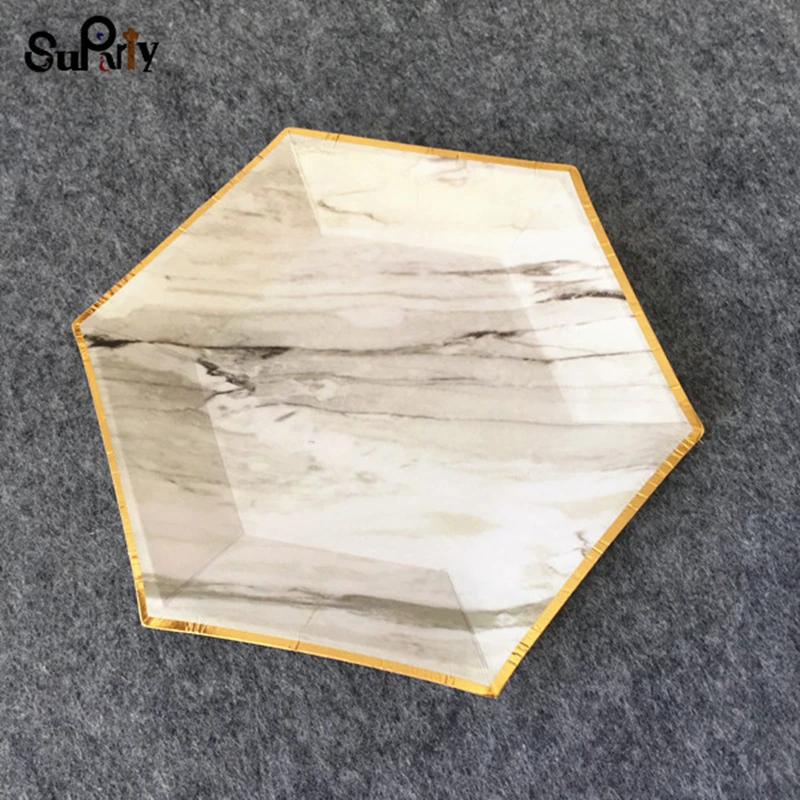 16 шт. розовые мраморные золотые шестигранные бумажные тарелки 9 дюймов/7 дюймов