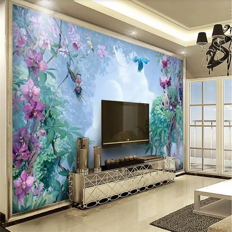 Custom wallpaper Nordic hand-painted small fresh tropical plants flowers and birds background decorative waterproof material |