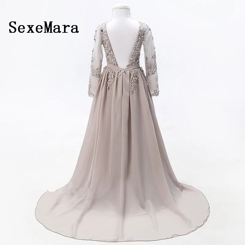 Real Picture Grey Long Sleeves Flower Girl Dresses for Wedding Diamond Sequined Lace First Communion dresses girls | Детская одежда и