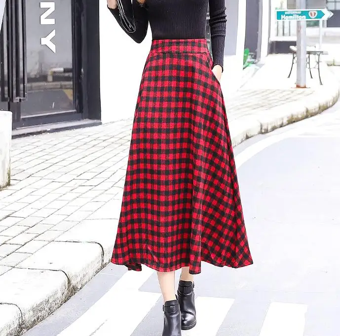 red plaid Женская шерстяная длинная юбка с высокой талией, Осень-зима, модная клетчатая винтажная шерстяная юбка, Уличная Повседневная теплая Женская юбка - Цвет: red plaid