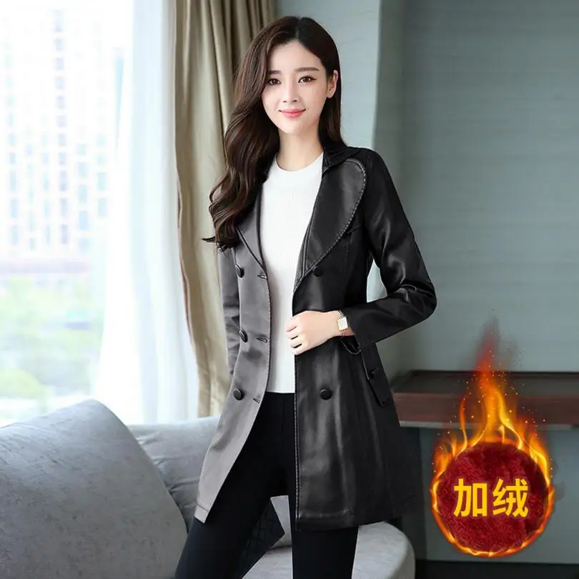 

Autumn And Winter New Pu Leather Long Section Large Size Korean Version Plus Velvet Windbreaker Jacket Lapel Women's Coat/s-5xl