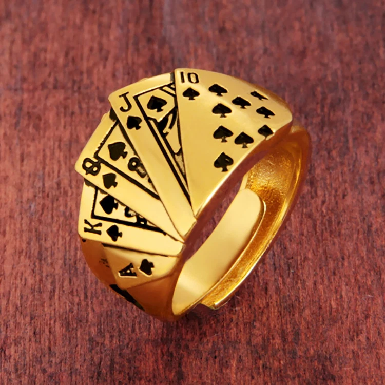 New No Fade 24k Sand Gold Rings for Men Personality Poker Designer Open Rings India Jewelry