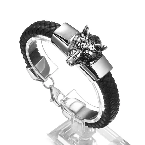 Silver Wolf Модный мужской браслет с животными 316 lнержавеющая Сталь Серебряный/Золотой Лев или Волчья Голова 15 мм браслет из натуральной кожи 8,26 дюйма - Окраска металла: Silver Wolf