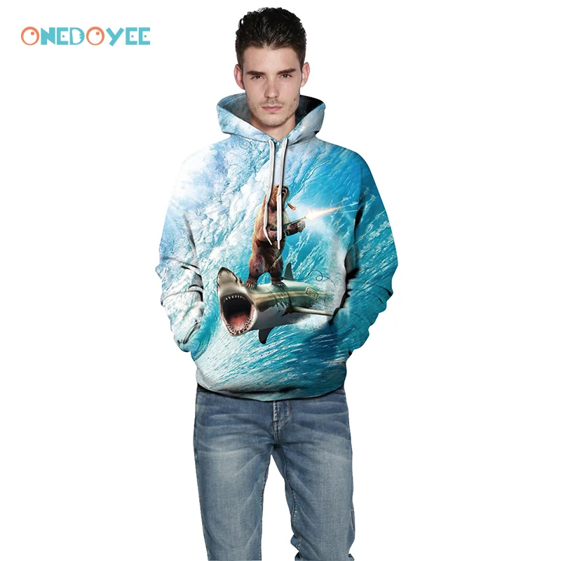 Onedoyee Новый Забавный акулы и Медведь 3D Толстовки Для мужчин Уличная толстовки