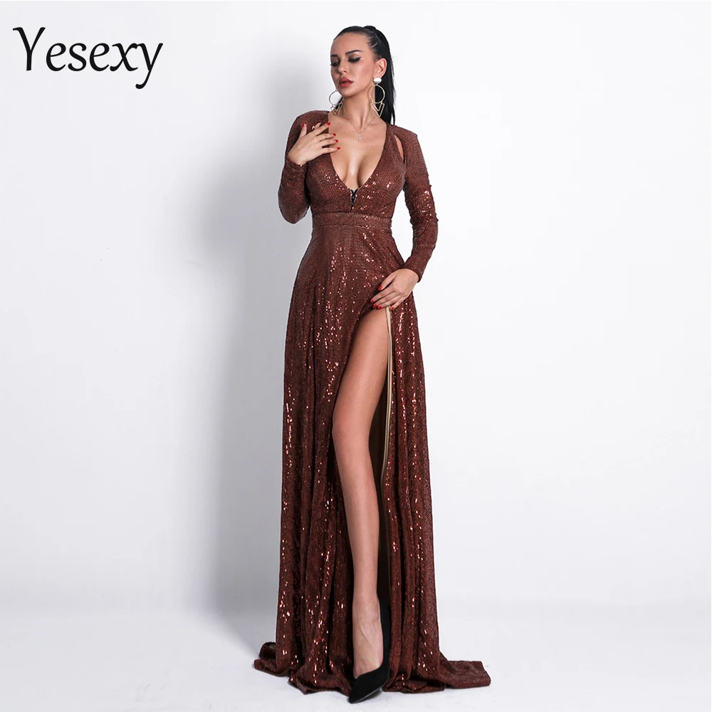Yesexy 2020 женское сексуальное платье с глубоким v образным вырезом и длинным рукавом
