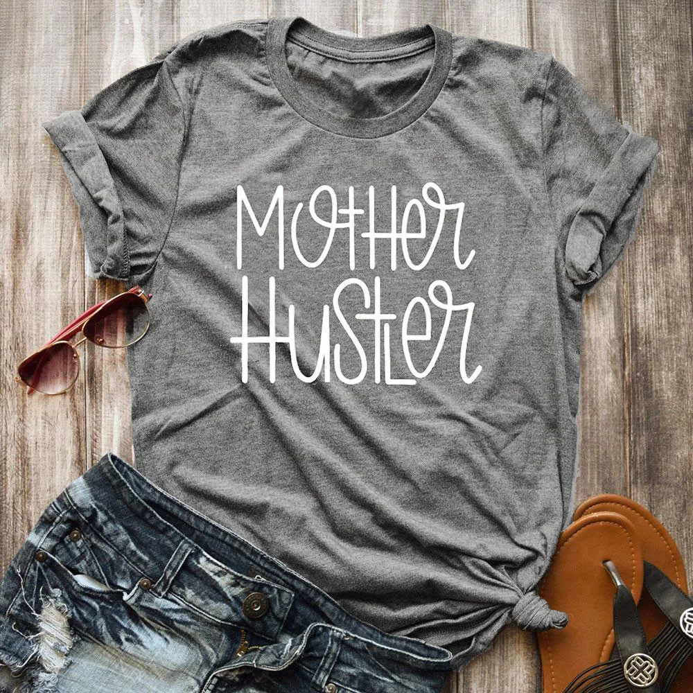 Женская футболка с надписью Mother Hustler серая Повседневная коротким рукавом и