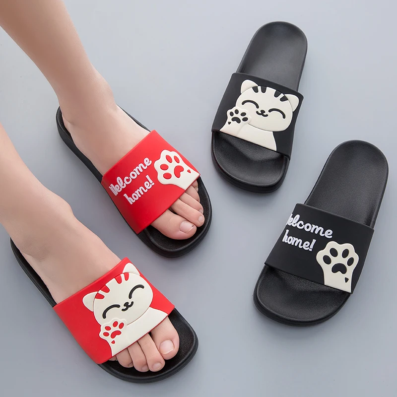 Модные женские сандалии шлепанцы летние на мягкой подошве Цвет черный красный женская обувь с рисунком кота