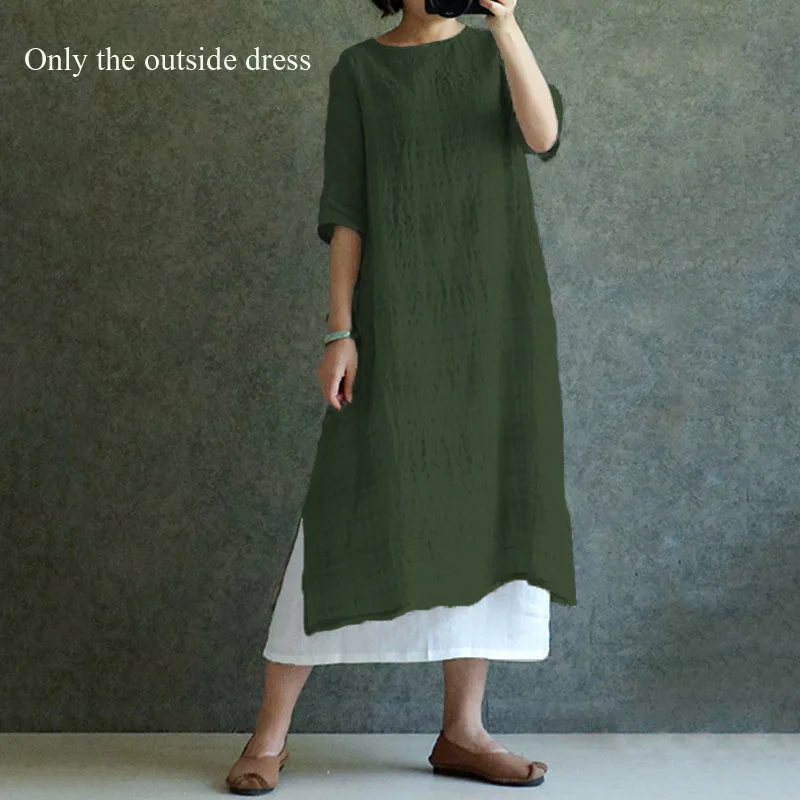 Green Dress ZANZEA S 4XL 5XL женская блузка из хлопка и льна Топ летняя с длинным рукавом в клетку Винтажная с разрезом мешковатая Блуза женская рубашка большого размера - Цвет: Green Dress