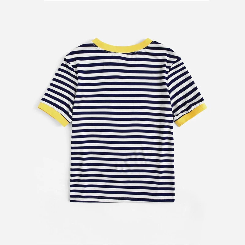 SHEIN Повседневная Полосатая Футболка Ranger с карманом и заплатками, женские топы, Летние Элегантные обычные женские футболки с коротким рукавом и круглым вырезом