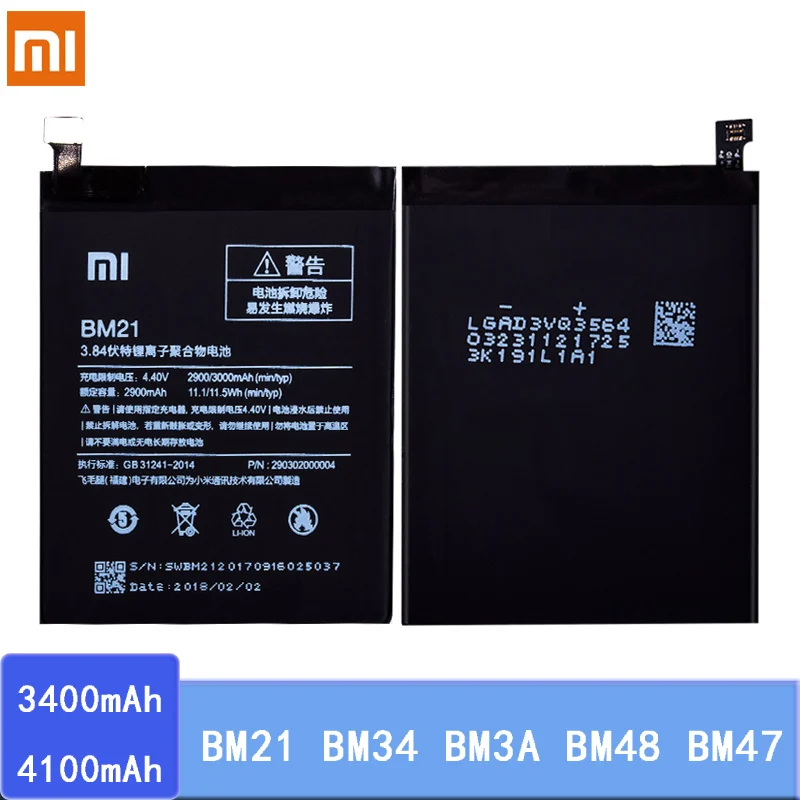 Оригинальная батарея BM21 BM34 BM3A BM48 BM47 для Xiaomi Mi Note 2 3 Note2 Note3 Redmi 3S 3X 4X литий полимерная
