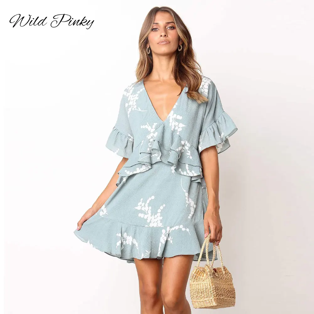 WildPinky Boho Элегантный принт оборками женское платье короткий рукав свободные
