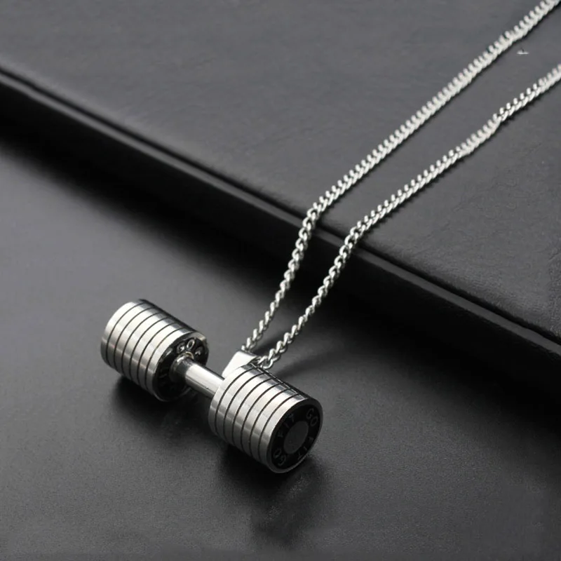 

Black silver color man Stainless Steel Dumbbell Pendant Fitness Necklace Bodybuilding Gym Crossfit Barbell Necklace Jewelry