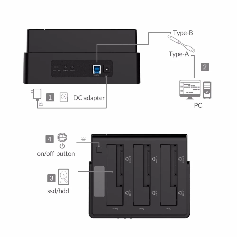 ORICO 6638US3-C USB 3.0 SATA Tool Free 2.5''/3.5'' Off-line Clone Hdd Docking Station - Black