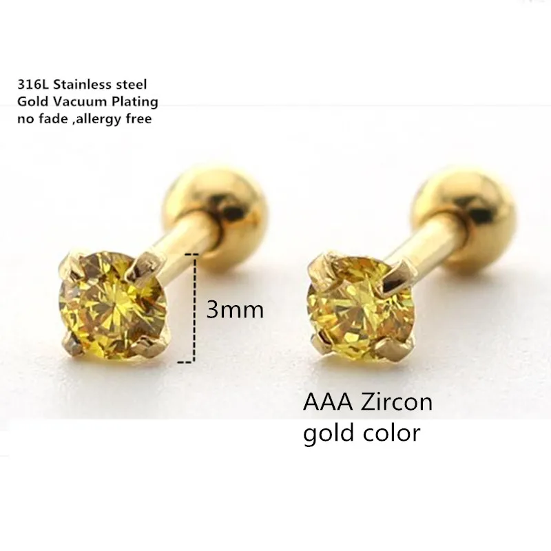 

Titanium Gold-color Plated Screw Stud Earrings With Mini 3mm Gold AAA Zircon 316L Stainless Steel No Fade No Allergy