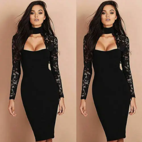 Sexy Lace Hollow Women Ladies Dresses Long Sleeve Bandage Bodycon White Evening Party Solid Color Dress | Женская одежда