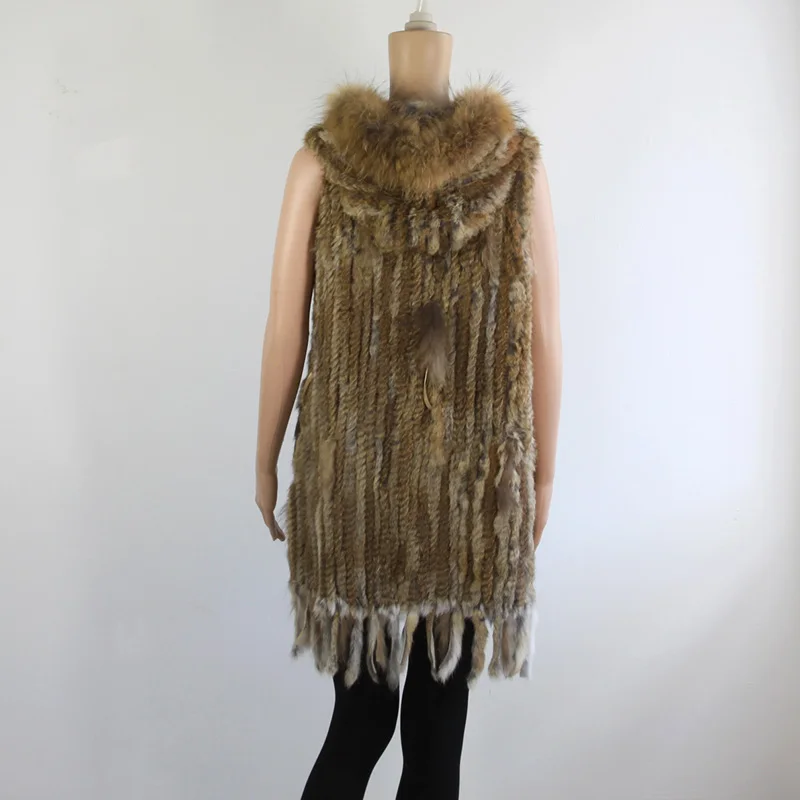 Длинный женский вязаный жилет с капюшоном из натурального кроличьего меха енота