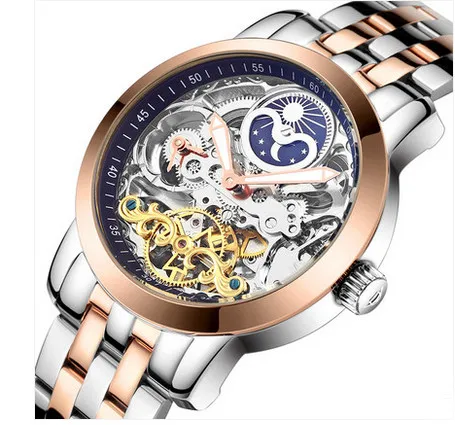 Steel RoseGold Black Дизайнер Прозрачный 3D Видимый циферблат AILANG Мужские Винтажные турбийон часы с автоматическим заводом Бизнес платье наручные часы 316L W028 - Цвет: Steel RoseGold Black