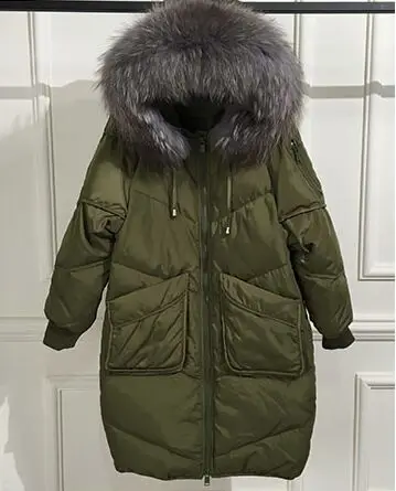 grey fur Большой натуральный мех енота, новинка, зимняя куртка для женщин, с капюшоном, длинный пуховик, парка, пальто для женщин, Толстая теплая куртка на утином пуху, Свободное пальто - Цвет: grey fur