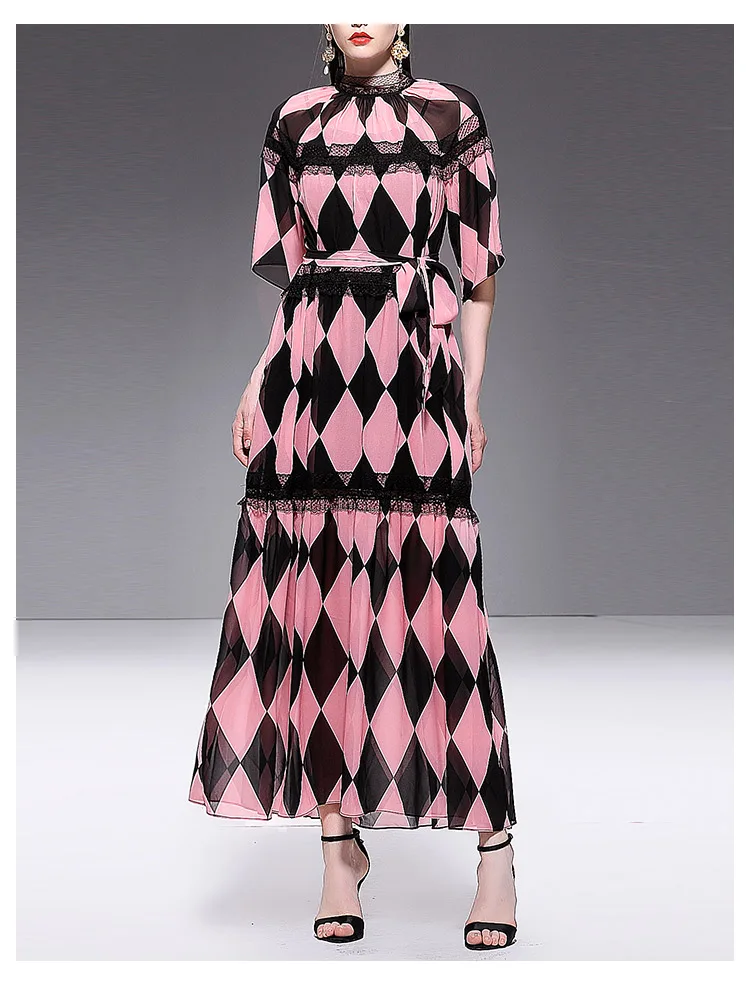 Svoryxiu Подиум женское летнее макси длинное платье с коротким рукавом Современная Лоскутная с клетчатым принтом черные кружевные вечерние сексуальные длинные платья