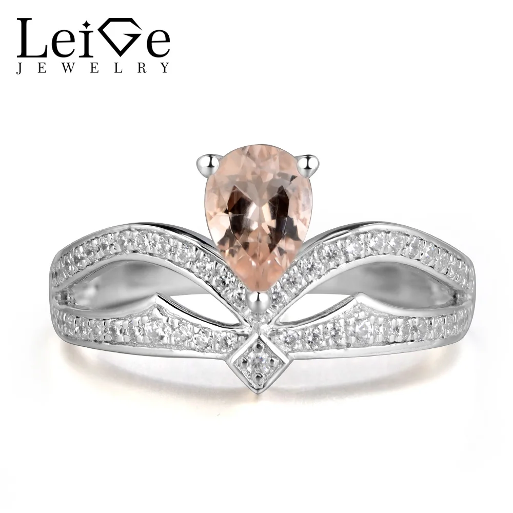 

Leige Jewelry Natural Morganite Rings For Women Pink Gemstone Engagement Promise Ring Sterling Silver 925 Fine Jewelry Pear Cut