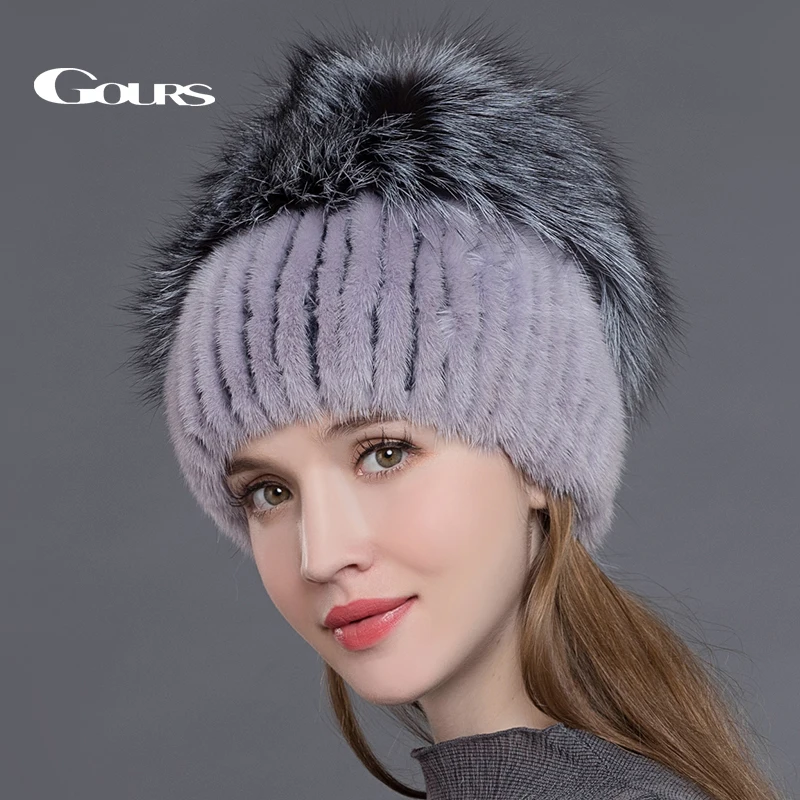 

Gours Natural Mink Fur Hats for Women Real Silver Fox Fur Caps Russian Winter Warm Fashion High Quality Beanies New Arrival