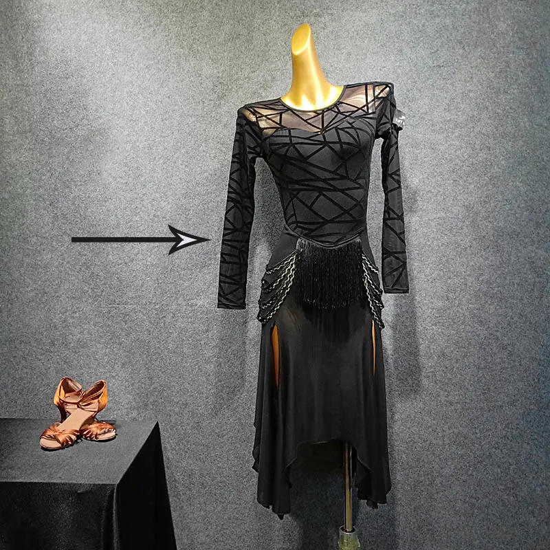 Long Sleeve Dress Сексуальное платье для латинских танцев для взрослых, черное платье с длинным рукавом/платье для танго без рукавов, женское профессиональное платье для латинских танцев VDB411 - Цвет: Long Sleeve Dress