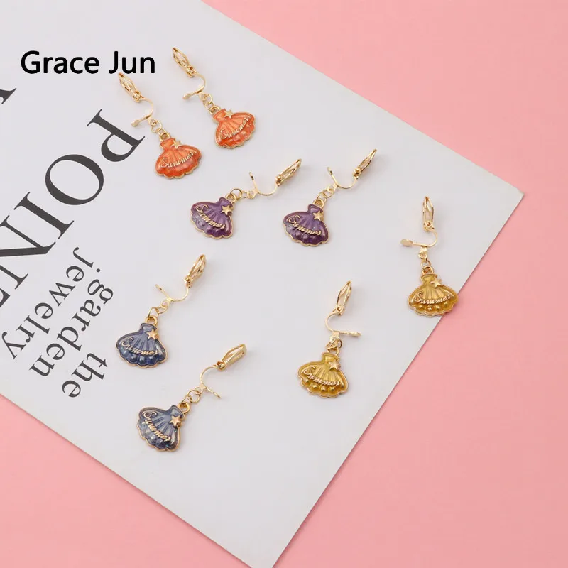 Бренд Grace Jun корейские простые серьги клипсы в форме звезды и ракушки для женщин модные эмалированные Серьги