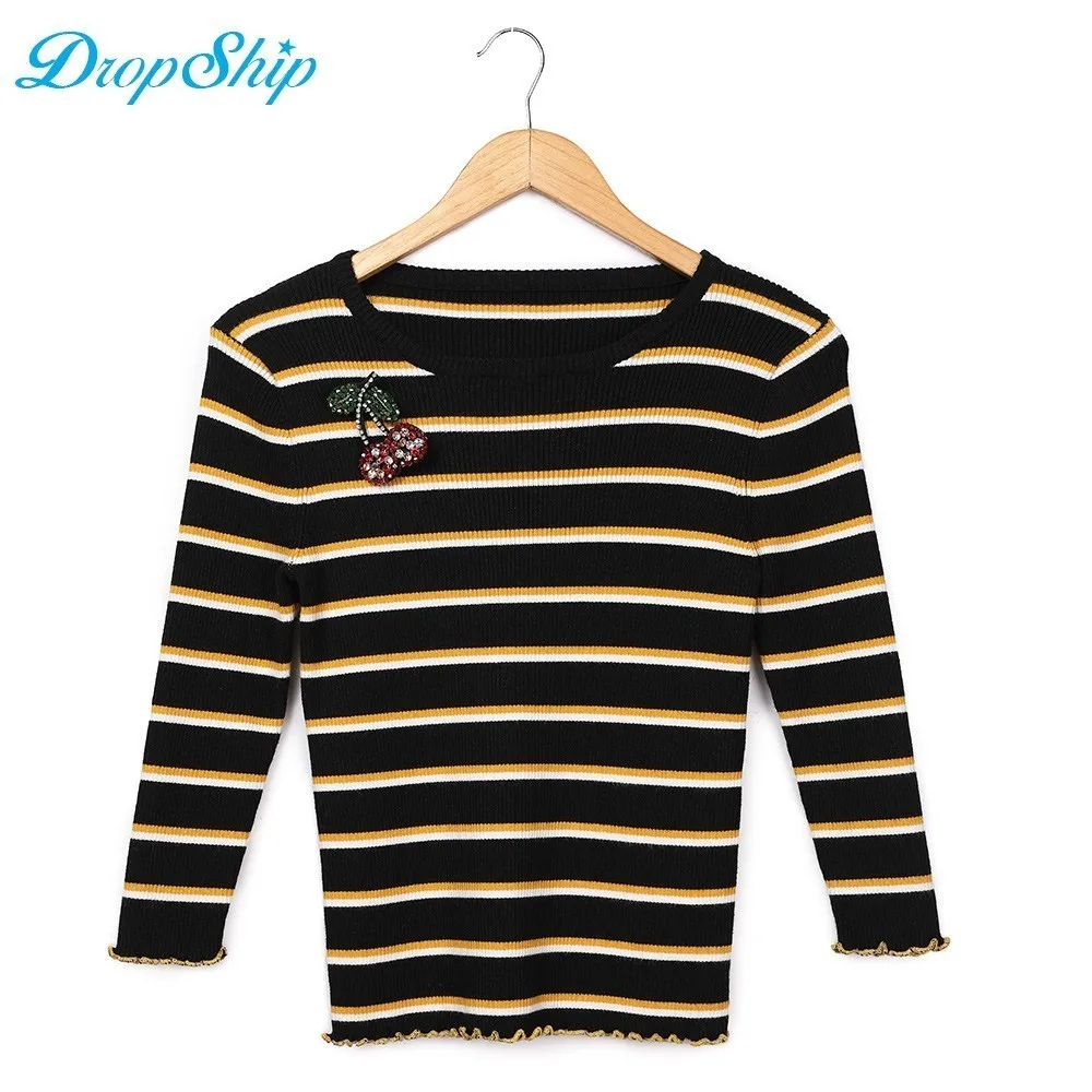 Dropship Streetwear O Neck Autumn Brooch Decoration Striped Sweater Long Sleeve Knitted Sweaters Female Elastic Pullovers 2018 | Женская
