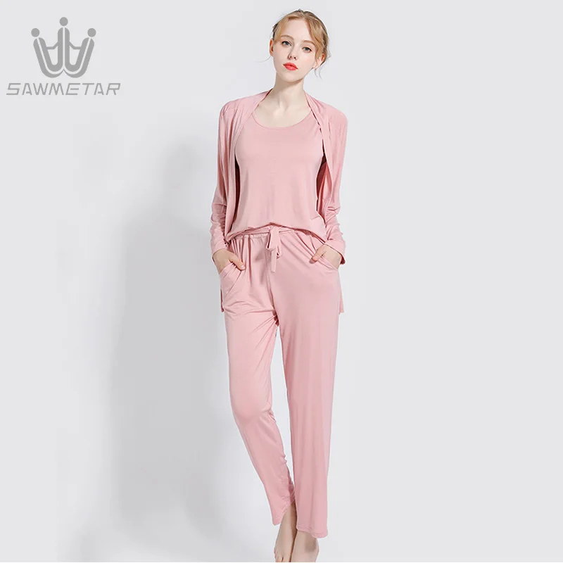 Woman Pajamas Three-piece Female Modal Long-sleeved Vest Thin Section Wear Casual Homewear suit Lady 2023 New Fashion Style