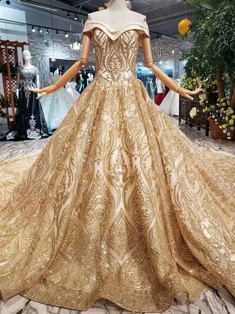 2018 Золотое кружевное платье без рукавов с милым соборным шлейфом для невесты