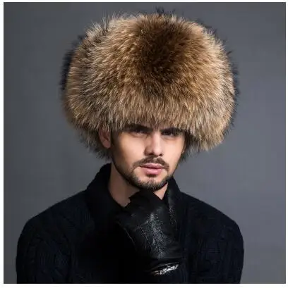 Brown Новое поступление, зимние мужские защитные шапки-бомберы, мужские утепленные шапки из лисьего меха, теплые шапки, мужская шапка из лисьего меха енота - Цвет: Brown
