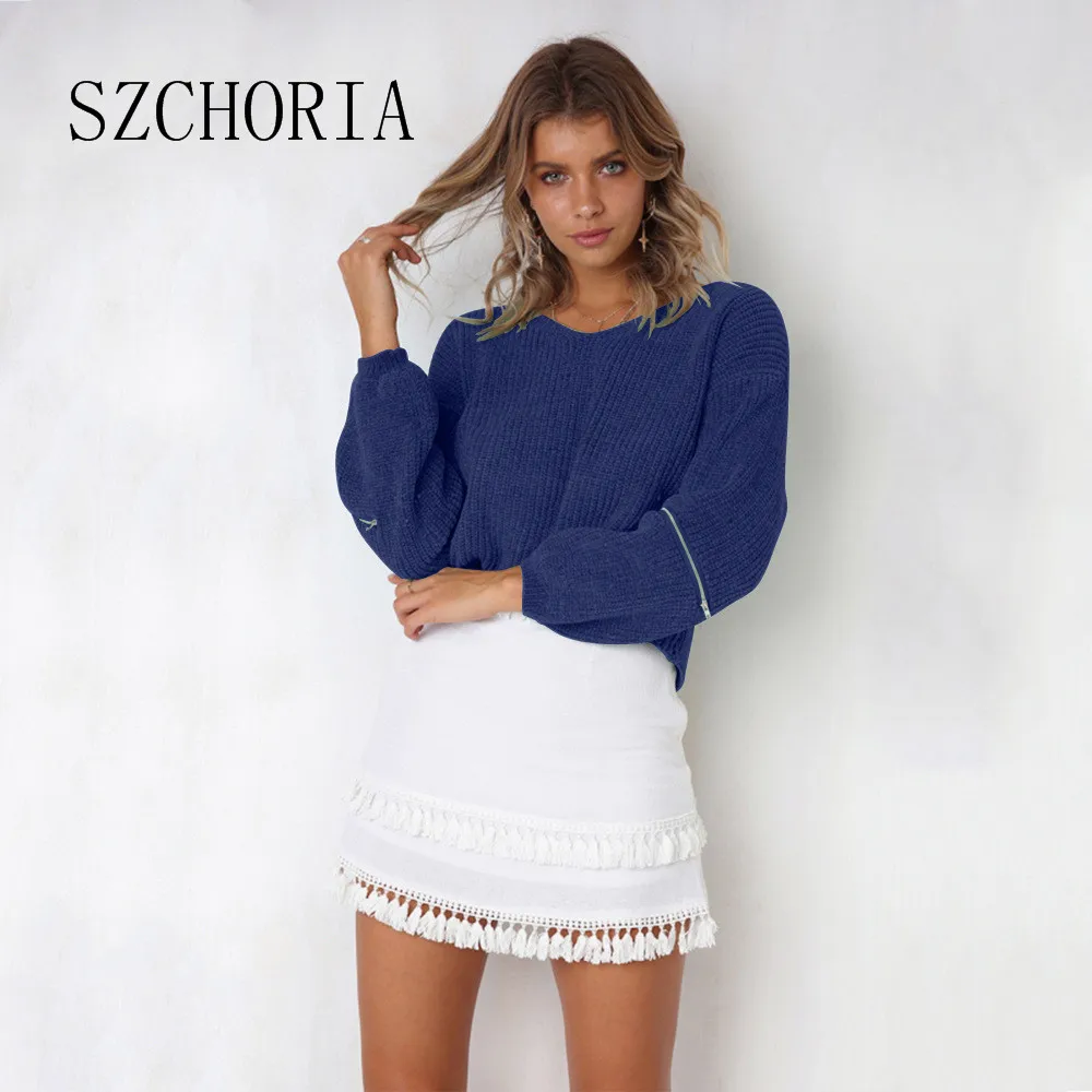 SZCHORIA New Fashion Sweater Women Sexy V Neck Zipper Long Sleeve Design Solid Color Loose Slim Knit | Женская одежда