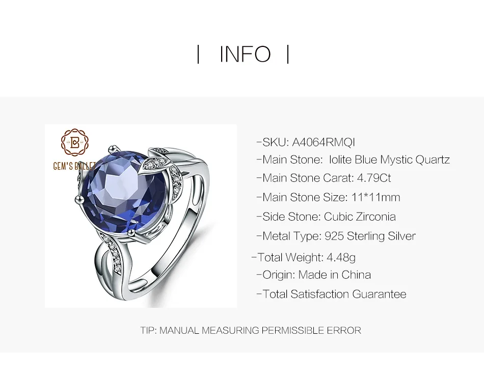 Gem's Ballet 4.79Ct натуральный иолит синий мистический кварцевый камень кольца твердые 925 пробы серебряные ювелирные изделия для женщин