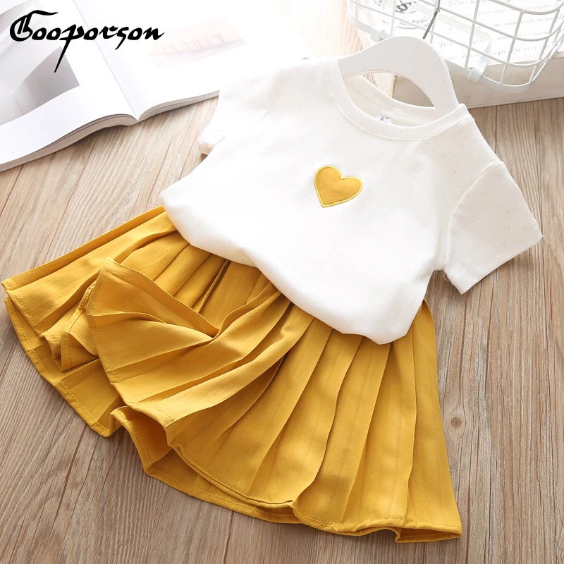 2019 г. Летний комплект с платьем для девочек хлопковая Футболка плиссированная