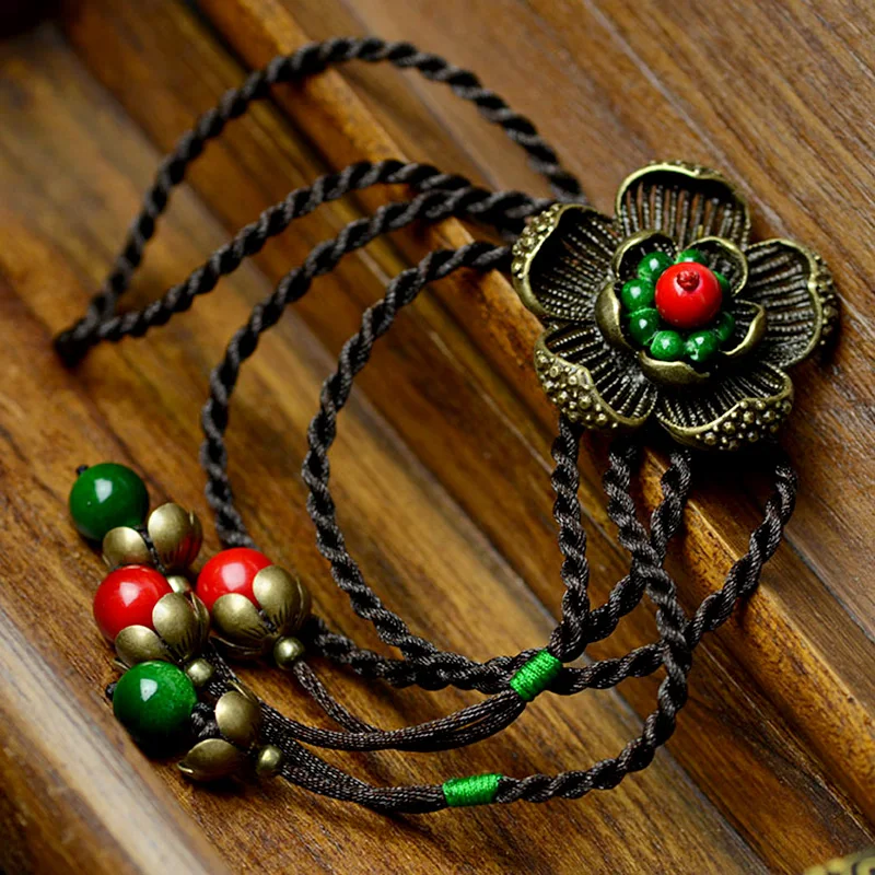 Длинное винтажное женское ожерелье макси с подвеской в виде бронзового цветка