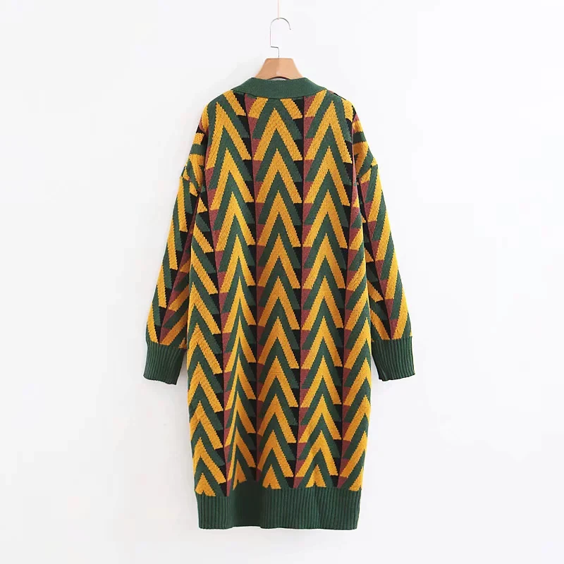 Women Autumn Green Long Cardigan 2018 Womens Boho Argyle Print Warm Winter Sweaters Female Knitted Sweater Tops pull hiver femme |