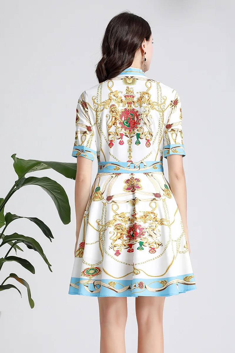 

High Quality 2019 Summer New Fashion Women's Dress Sweet Cartoon Print Tie Bow Tie Short Sleeve Large Swing Dresses Female L322