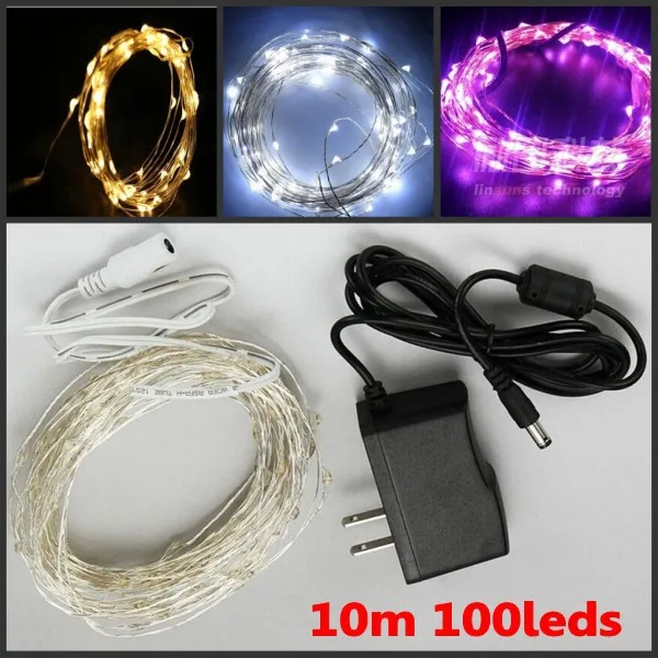 DC 12V 10m 100 LED string silver Wire fairy Light + 12v 1A Power supply for Holiday party/Christmas/Wedding decoration kits | Лампы и