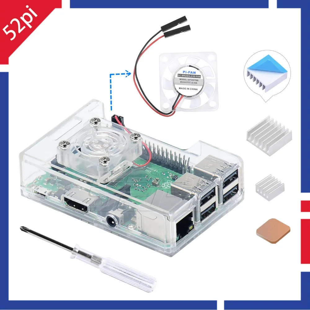Прозрачный/черный чехол 52Pi из АБС пластика корпус совместим с Raspberry Pi 3B Plus (3 B +)/3