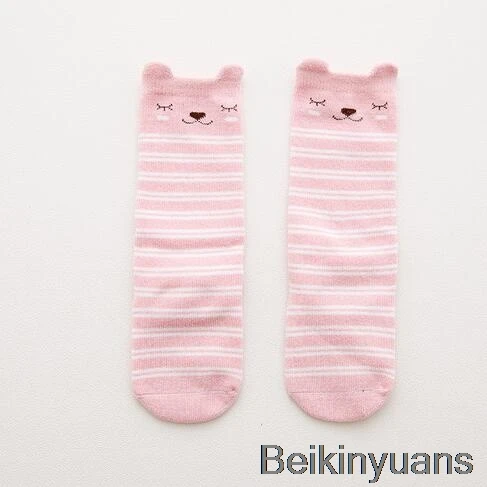 Pink bear slip Для новорожденных и детей ясельного возраста гольфы детские носки для девочки, мальчика с противоскользящим покрытием и очаровательными изображениями котенка/лисьи гетры носки для новорожденных теплые длинные носки до колена - Цвет: Pink bear slip