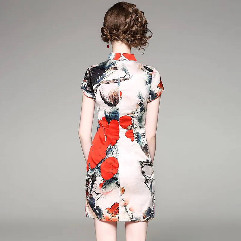 Китайские традиционные женские с короткими рукавами принт элегантное платье Для