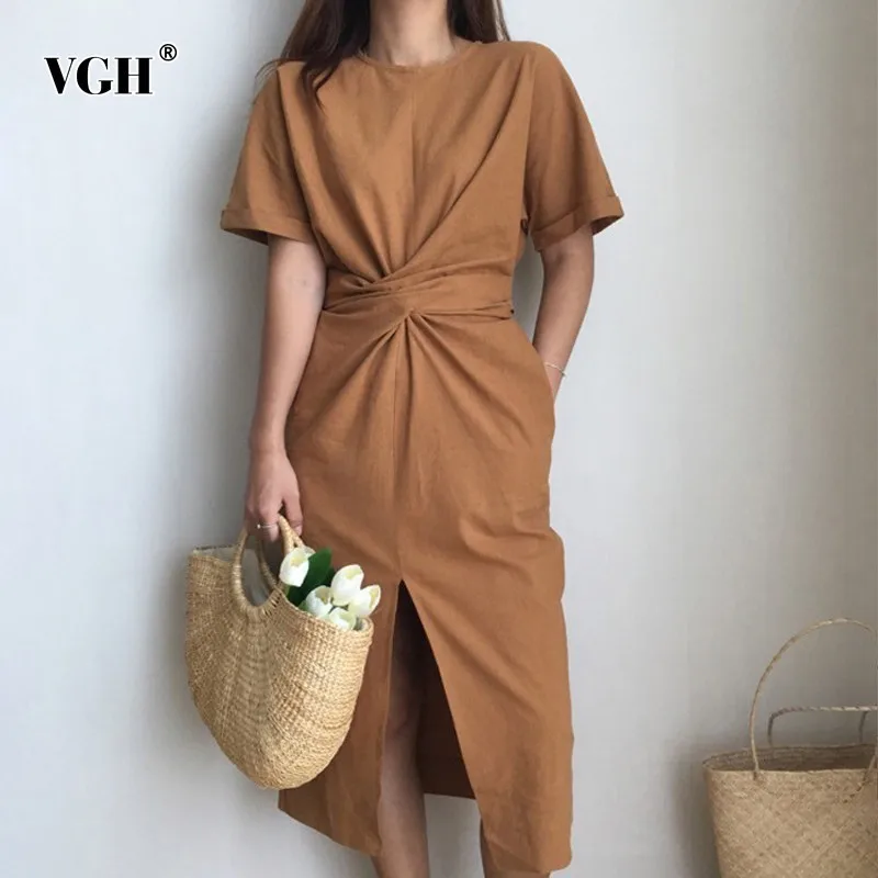 Женское платье с круглым вырезом VGH летнее облегающее ТРАПЕЦИЕВИДНОЕ ПЛАТЬЕ