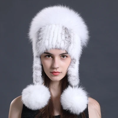 Cross Mink 1 Русская зима, шапки-бомберы из натурального меха для женщин, шапка с помпоном из натурального Лисьего меха с ушками, ушанка, шапка из меха норки, женская шапка s - Цвет: Cross Mink 1
