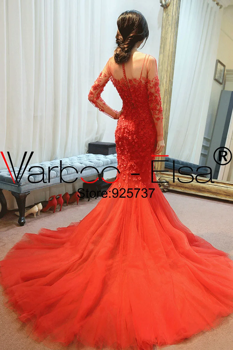 VARBOO_ELSA 2018 китайское свадебное платье красное кружевное Русалочки с 3D аппликацией