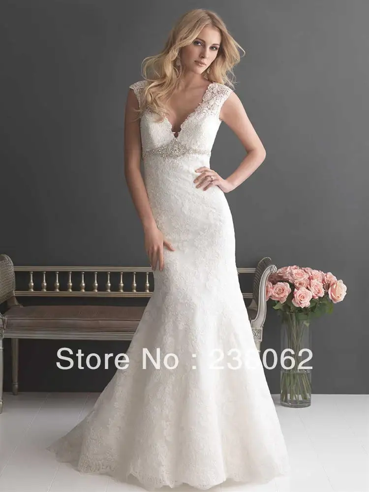 Custom Made Floor Length Lace Appliques White V Neck Zipper Wedding Dress 2014 New Sexy | Свадьбы и торжества