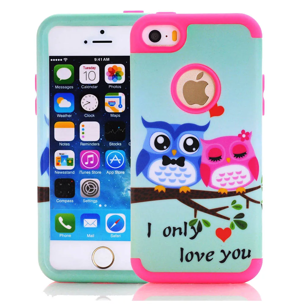 for iPhone SE 5S 5C 5 Phone Case Cute Animal Bird Owl Paint Cases Rubber Shockproof Hybrid Silicone PC Defender Heavy Duty |