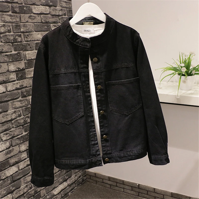 

Black Denim Jacket Women Spring Autumn Jeans Jacket Women Coat Long sleeve Big Pocket Short Outerwear Casual Denim Coat Female